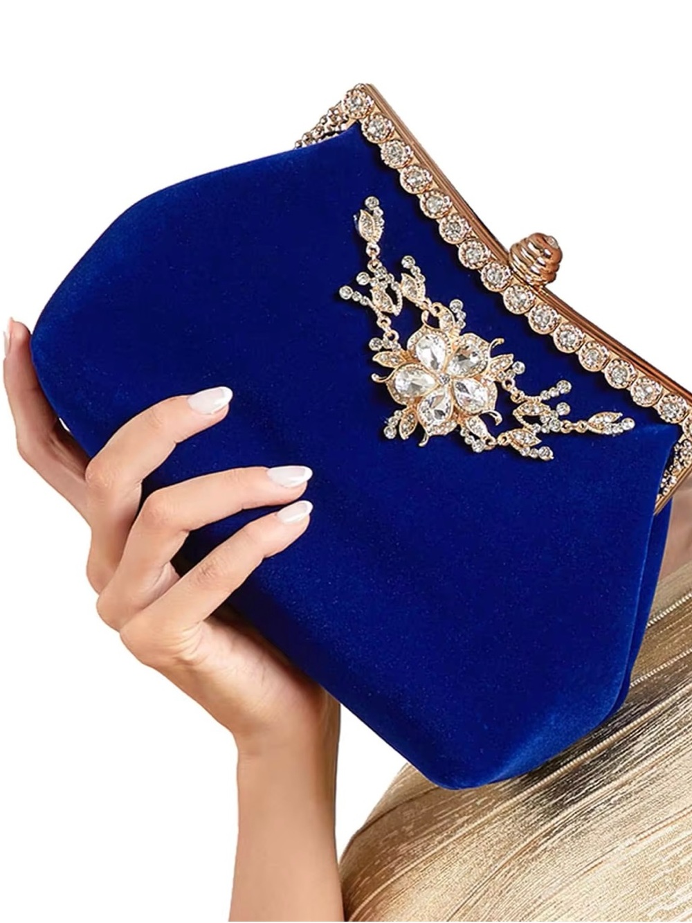 Elegant Royal Blue Velvet Clutch with Crystal Floral Accent